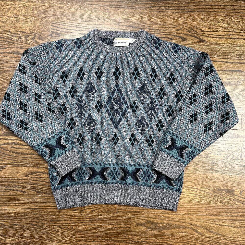 Vintage London Fog Sweater Mens Large Gray Diamond Knit Crewneck Pullover USA